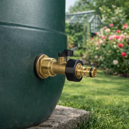 Solid brass water butt/rain barrel/tank threaded outlet adaptor/connector with 2 washers and nut,range of tap options (brass lever valve+quick-lock)