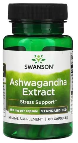 Swanson Ashwagandha Extrait 450mg - 60 Capsules | Supplément Anti-Stress et Adaptogène Naturel pour Équilibre Hormonal et Bien-être Mental