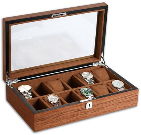 RoYiio Uhrenbox 12 uhren Aufbewahrungsbox, Watch Box mit Glasdeckel, Uhrenschachtel mit 12 Herausnehmbaren Uhrenhalter, Premium Uhrenkoffer Display Lagerung Organizer Uhrenetui Herren Mädchen Geschenk