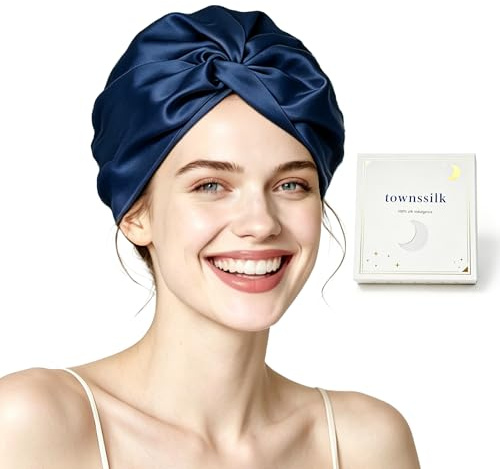 Townssilk - Gorro de ducha de seda para mujer, 16 Momme 100% seda de morera, protege bien el cabello, para la mayoría de los tipos de cabello, regalo lujoso, doble capa, 1 unidad, azul marino