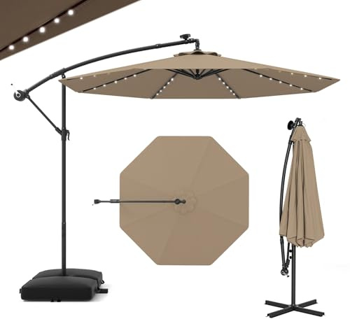 GOPLUS Parasol de Jardin Extérieur avec Pied, Parasol Déporté 3x3M, avec 40 Lampes Solaires, Toile Inclinable, Manivelle, 8 Baleines, Anti-UV, pour Terrasse Cour Patio (Café)