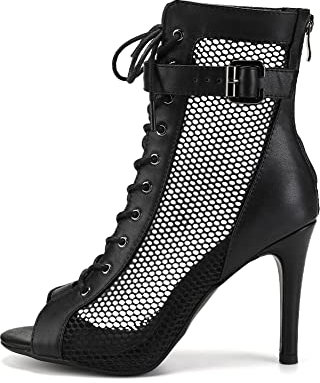 VCIXXVCE Damen Lateinische Tanzstiefel Schnüren Schwarz Salsa Bachata Tango Ballsaal Tanzschuhe Reißverschluss Ballsaal Netzgarn Tanzschuhe, 38 EU