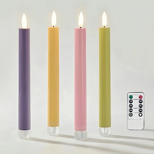 Simplelight Set of 4 Flameless TaperCandles with Remote, Timer, Dimmer, 9.5 Inches Battery Operated 3D Flame LED Tapers, Spring Home, Wedding Décor, 4 Colors in One Set