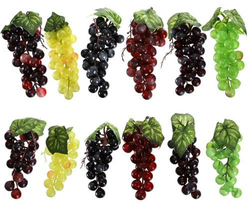 ZEAYEA 12 Bunches Artificial Grapes, Simulation Lifelike Grape Clusters, Decorative Rubber Fake Grapes for Wedding Kitchen Wine Centerpiece Decoration Photography Faux Fruit Props, 6 Colors, 2 Size