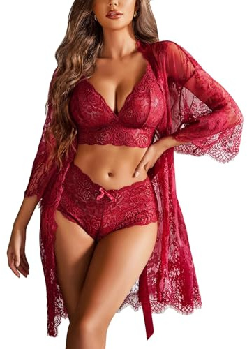 Avidlove Ensemble de Lingerie Sexy pour Femme 3 pièces Soutien-Gorge et Culotte avec Peignoir Kimono en Dentelle et Chemise de Nuit en Maille
