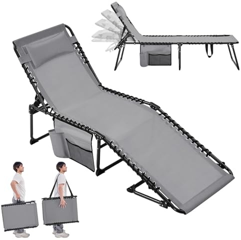 Abician Chaise Longue Pliante Bain de Soleil Transat Jardin Exterieur 189x57x38 cm Dossier Inclinable 5 Positions avec Poche Lit de Camping pour Plage, Piscine, Relax Détente en Plein Air Gris