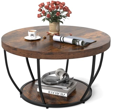 COSTWAY Couchtisch rund, Sofatisch Holz mit 2 Ebenen & Metallrahmen, Wohnzimmertisch Kafeetisch 80 cm D für Wohnzimmer, Empfangsraum, Büro (Rustikales Braun)