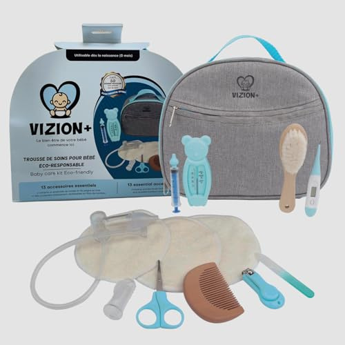 VIZION+ Trousse de Soin bébé – Kit Naissance Complet – 13 Accessoires dont Brosse et Peigne en Bois – Coussinets d’Allaitement en Bambou – Guide Parents Inclus