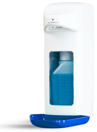 Hygiene365® Distributore di disinfettante automatico per bottiglie europee, dispenser europeo e disinfettante con sensore, dispenser di sapone da parete e ricaricabile (bianco con blu, 1000 ml)