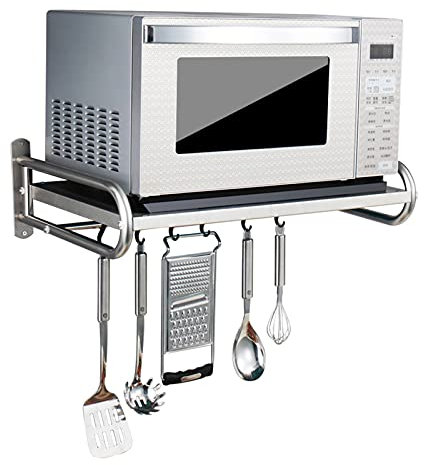 Mensola da parete in acciaio inox per forno a microonde, con griglia portaoggetti e porta utensili, perfetto per risparmiare spazio e facile accesso agli elementi essenziali per cucinare