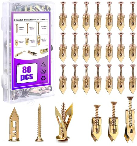 80Pcs Self Drilling Drywall Anchors with Screws Kit, 3 Sizes Heavy Duty Dry Wall Anchor Screw Set, No Drill and Holes in Wall, Expansion Fixings for Plaster Board Wall Fixing (40 Anchors + 40 Screws)
