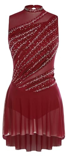 TiaoBug Vestidos De Baile De Patinaje Artístico para Mujer Maillot Sin Manga De Lentejuelas Body De Danza Gimnasia Rítmica borgoña L