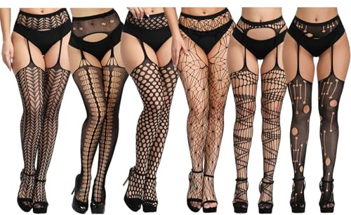 DRESHOW Medias de red para mujer Medias con tirantes Medias altas hasta el muslo