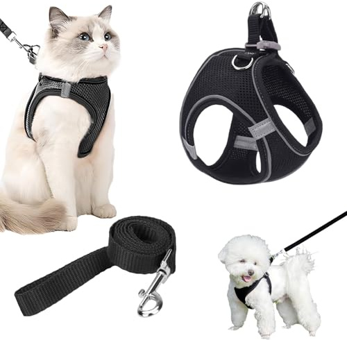 Cat Harness and Leash Set 1.5m - Escape Proof Reflective Adjustable No-Pull Vest Escape Proof, Outdoor Walking, Running, Training for Cats & Small Dogs, Black (black, medium 7-8.5kg)