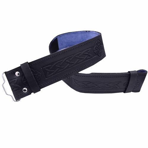 Handmade Leather Kilt Belt For Men - Premium Quality Celtic Thistle Embossed Black Leather Belt - 2.25 Inches Wide Adjustable Belt - Tartan Kilt Accessory
