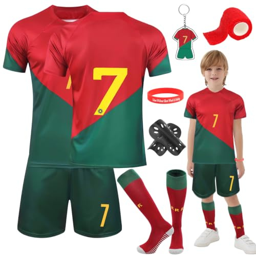 Heartsking Kids Football kit, Home Away Soccer Jerseys Football Kits for Kids Boys Girls, Football Training Shirts Shorts Socks Guard Plate Keychain Bracelets and Bandages, Gifts for Children 26