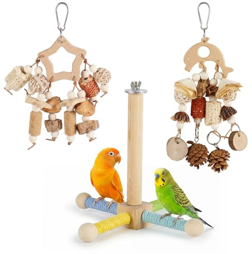 Dexpally 3 Piece parrot toys Bundle, Includes 1 Bird Perch Toy and 2 Bird Chewing Toys with Natural Corn Cob & Wooden Blocks for Parakeets, Budgies, Conures, Cockatiels.