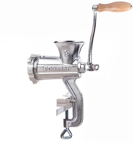 Porkert Fleischwolf manuell Größe 8 aus hochwertigem Gusseisen, für den Haushalt, mit Messer und Lochscheibe Ø 4,5 mm