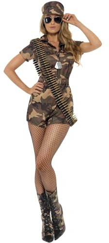 Smiffys Sexy Army-Girl-Kostüm, Camouflage, mit Overall mit kurzer Hose, Gürtel & Kopfbedeckung