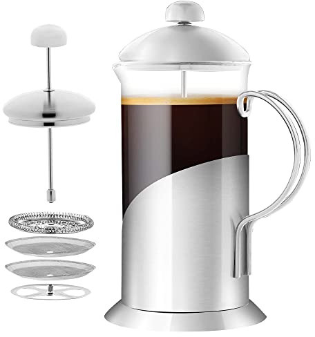 OVENTE French Press Coffee Maker 34 Ounce with Heat Resistant Borosilicate Glass, Stainless Steel Design and 4-Level Filter System, Portable Cold Brewer Pot for Travel, Camping or Gift, Silver FSL34S
