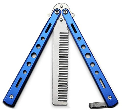 TRUEGOOD Butterfly Knife Trainning Practice Comb Unsharpened Blade, Valentine's Day present (Blue-Comb)