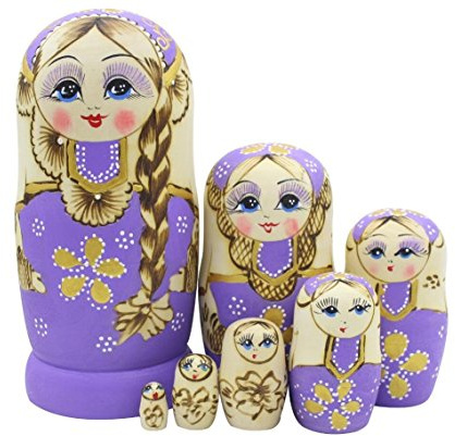 Vintermaskset 7 st långa flätor flicka lila matryoshka dockor babushka docka traditionell rysk bostedockor trä stapling leksak barn gåva