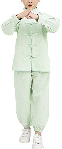 Mengmiao Kinder Unisex Langarm 2-Teiliges Set Kampfsport Oberteile und Hosen Darbietungen Anzug Erbsen-Grün 150