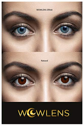Lentes de contacto azules naturales DUBAI BLUE de alta cobertura + contenedor de WOWLENS I 1 par (2 piezas) I DIA 14.00 I sin aumento I 0,00 dioptrías