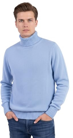 Marenza Jersey de Cuello Alto para Hombre en Mezcla de Cachemira de Doble Hilo, Made in Italy, Manga Larga, Azul Claro, XL
