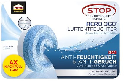 Pattex AERO 360° Neutral Tabs Nachfüllpack (4er-Pack), reduzieren Feuchtigkeit und schlechte Gerüche, Nachfülltabs für den Luftentfeuchter AERO 360°