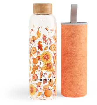 Borraccia per Acqua waterdrop® | Bottiglia in Vetro 600 ml | Con fodera in neoprene e chiusura ermetica | Lavabile in lavastoviglie | Senza BPA | Sostenibile e Riutilizzabile