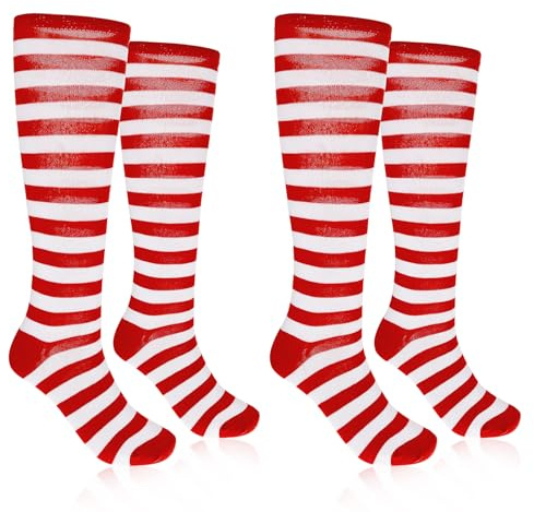 Lusofie 2 Paires Chaussettes Rayées Chaussettes Hautes Rouges et Blanches Chaussettes de Cuisse Rayées de Noël pour Femme Filles Noël Halloween Carnaval Vacances Habiller