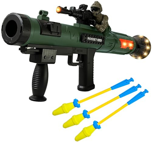 Toy Rocket Launcher, Rocket Gun with 3 Foam Rockets, Toy Rocket Barrel Launcher RPG Gun, with Sound, Vibration, LED Effects, Military Pretend Play Blaster Toy Gun (Dark Green)