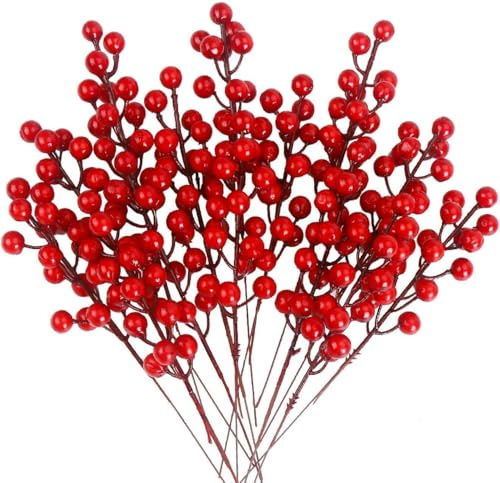SULOLI 20pcs Branches de Baies de Houx，Baies Rouges Baies de Houx de Noël Baies Artificielles pour Décorations Arbre de Noël et de Couronnes de Noël Faisant des Fournitures (22CM)