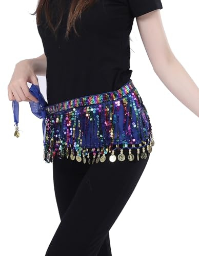 Bailinks Magdanskjol med paljetter, chiffong omlottkjol med mynt för magdans, yogaklasser och show - magdanssjalbälte för kvinnor, Kungsblå, 150 cm/59 pollici