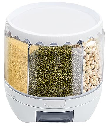QUIOTUIR Reisspender Behälter zur Aufbewahrung von Reis mit 6 Fächern, drehbarer Lebensmittelspender, Aufbewahrungs- und Messbecher, Küchenspender, Körnerspender, Küche (5 l, 6 Fächer)