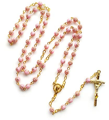 SueaLe Chapelet de perles roses de 6 mm avec crucifix pour collier pendentif Pr