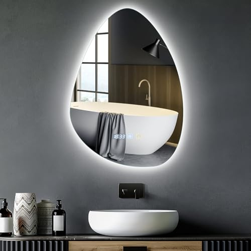 Hondony Specchio Bagno con Luce, asimmetrico con illuminazione, 500x700 mm, LED con interruttore touch, anti-appannamento, bianco freddo, 6400K, specchio luminoso a risparmio