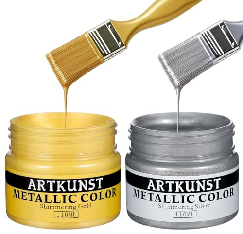 ARTKUNST Acrylic Paint Metallic, 2 Colors Gold, Silver, 110ml Gold Leaf Paint, Non Toxic, Non Fading for Art Painting, Handcrafts, Ideal for Multi-surface, Canvas, Wood, Clay, Metal