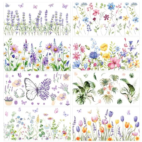 Rub on Transfers for Crafts Furniture, 8PCS Flower & Butterfly Rub on Transfer Stickers Decals, DIY Home Decor Crafts with Vibrant Colors, Wood Glass Home Decor