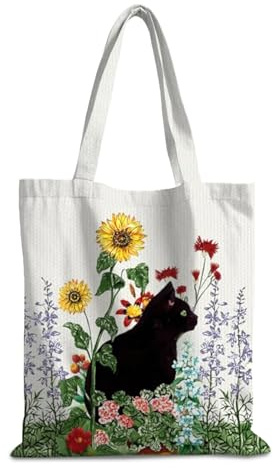 Sac en toile de jute, sac en tissu avec fermeture magnétique et poche intérieure avec fermeture éclair, sac esthétique en coton avec chats et tournesols, cadeaux pour femmes, petite amie, maman