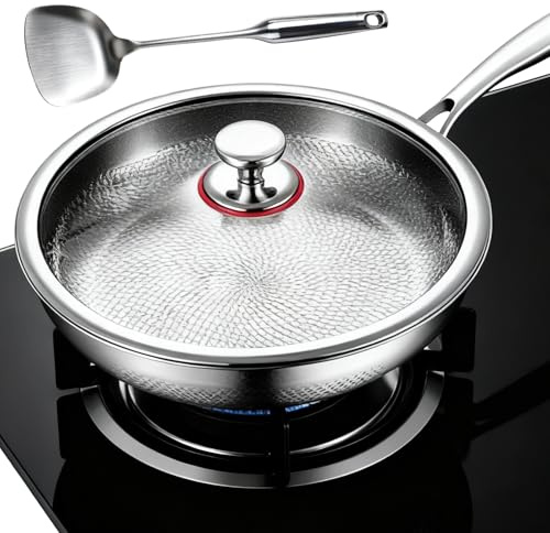 Builrand Padella in titanio puro da 28 cm, padelle in titanio con motivo martellato per cucinare, resistente ai graffi, antiaderente, padella martellata con coperchio compatibile con tutti i piani