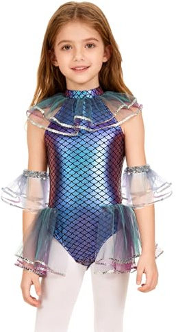 Miaeowve Costume da sirena per bambini e bambine, body/tutù metallico con motivo a squame di pesce, body senza maniche per ginnastica e balletto, con volant e maniche in tulle, abbigliamento da danza