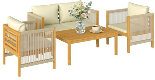 Outsunny Salon de Jardin 4 Pièces, Bois d'Acacia, Corde Tressée, Naturel | Ensemble de Mobilier, Coussins Déhoussables, Canapé 2 Places, 2 Fauteuils, Table Basse, Style Bohème Chic