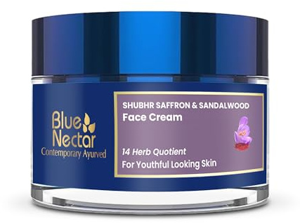 Blue Nectar Anti Aging Face Cream for Women with Saffron Sandalwood | Ayurvedic Alternate to Retinol Cream for Fine Lines & Wrinkles | Day & Night Face Moisturiser for Mature Skin (14 Herbs, 50g)
