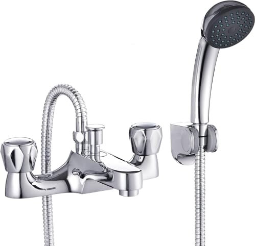 Hapilife Bathroom Bath Taps with Shower Attachment Mixers Chrome Brass Bath Tub Shower Mixer Tap with Dual Lever, Bathtub Mixer Tap 2 Hole with Handheld