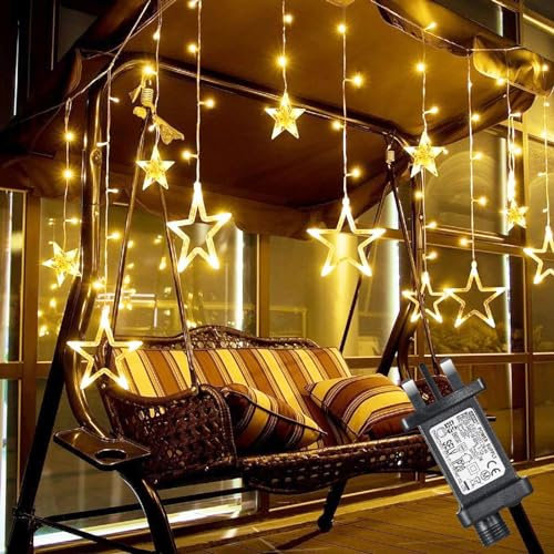 Elegear 2M x 0.9M Star Window Lights Mains Powered, Plug in Contectable Curtain Fairy Lights for Christmas, Xmas, Garden, Patio, Wedding, Bedroom, Inodoor Decoration, 138 LED, 12 Stars, Warm White