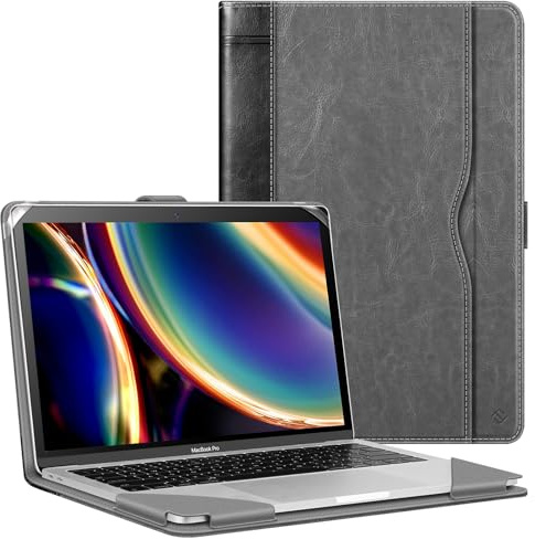 FINTIE Coque Compatible avec MacBook Air 13.6 M5 M4 M3 M2, Air 13.3 M1 | pour Air 13.6 (2026-2022), Air 13.3 (2020-2018) et Pro 13.3 M2 M1, Housse Folio avec Poche de Document, Gris/Noir