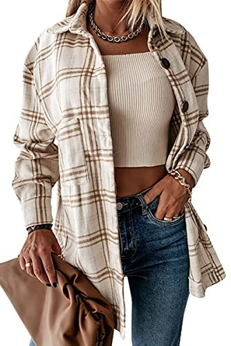 HVEPUO Bluse Damen Hemdjacke Oberteile Elegant Blusen Longbluse Flanellhemd Hemd Karohemd Blusenshirt Holzfällerhemd Hemdbluse Karobluse Kleidung Braun L