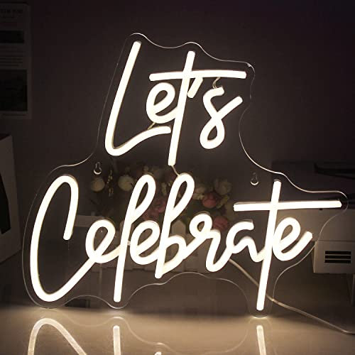 SIGNSHIP Let’s Celebrate Neon Light Warm White Letter Neon Sign Celebrate LED Sign for Wall Decoration USB Light Signs for Home Bedroom Birthday Wedding Party Christmas, Valentine’s Day Gift
